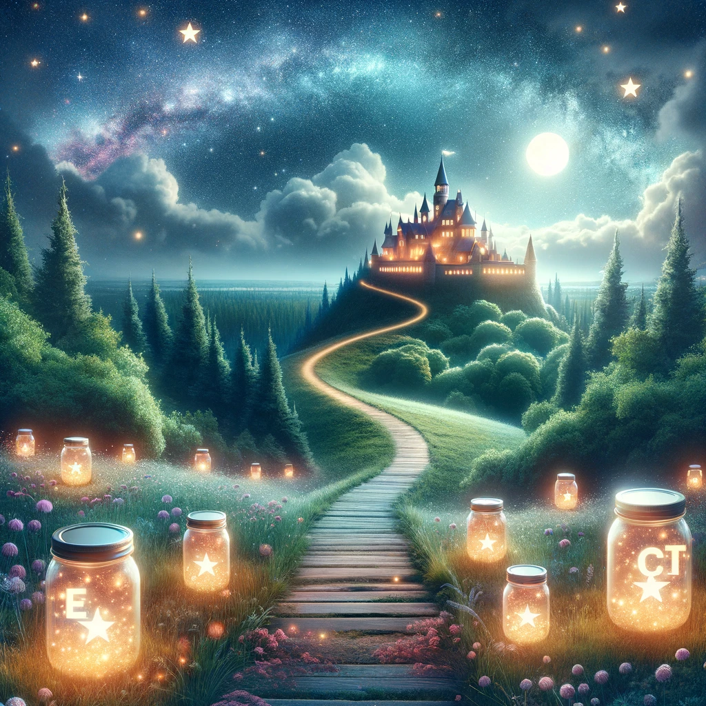 Whimsical magical landscape leading to a castle, symbolizing homeownership journey, with glowing star jars representing credit score.
